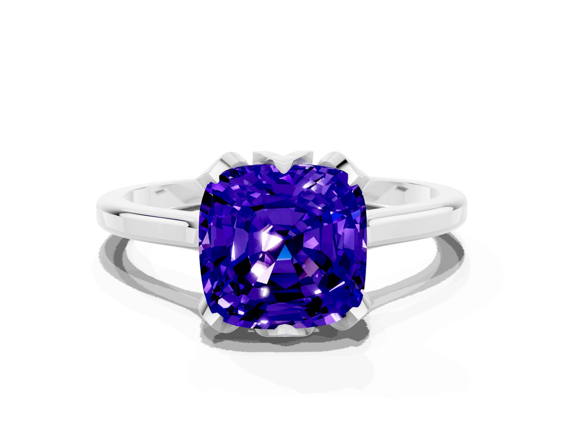 White gold Cushion Cut Tanzanite Solitaire Ring with Flower Prong Setting and Classic Band_62