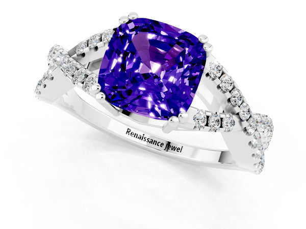 Platinum Cushion Cut Tanzanite Solitaire Ring with Four-Prong Setting and Twisted Pavé Band