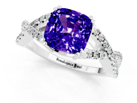 White gold Cushion Cut Tanzanite Solitaire Ring with Four-Prong Setting and Twisted Pavé Band_1