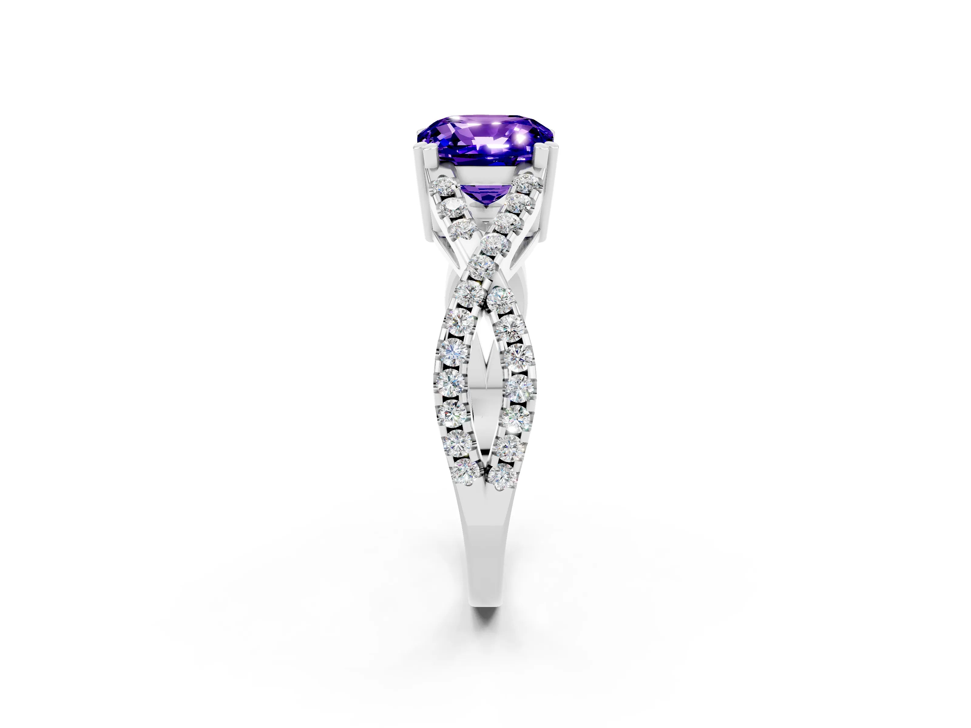 White gold Cushion Cut Tanzanite Solitaire Ring with Four-Prong Setting and Twisted Pavé Band_2