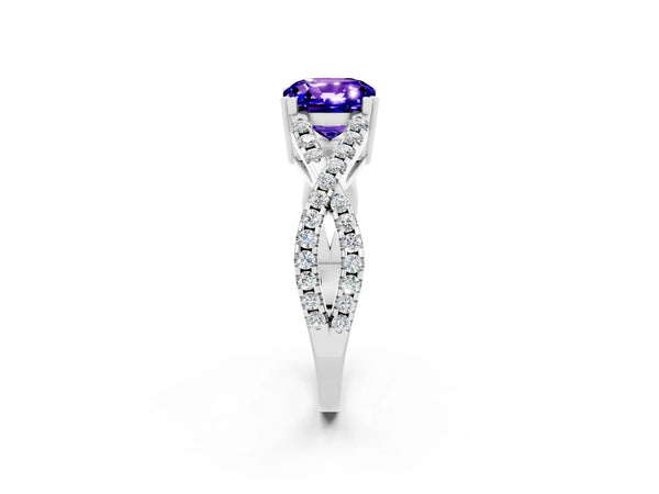 White gold Cushion Cut Tanzanite Solitaire Ring with Four-Prong Setting and Twisted Pavé Band