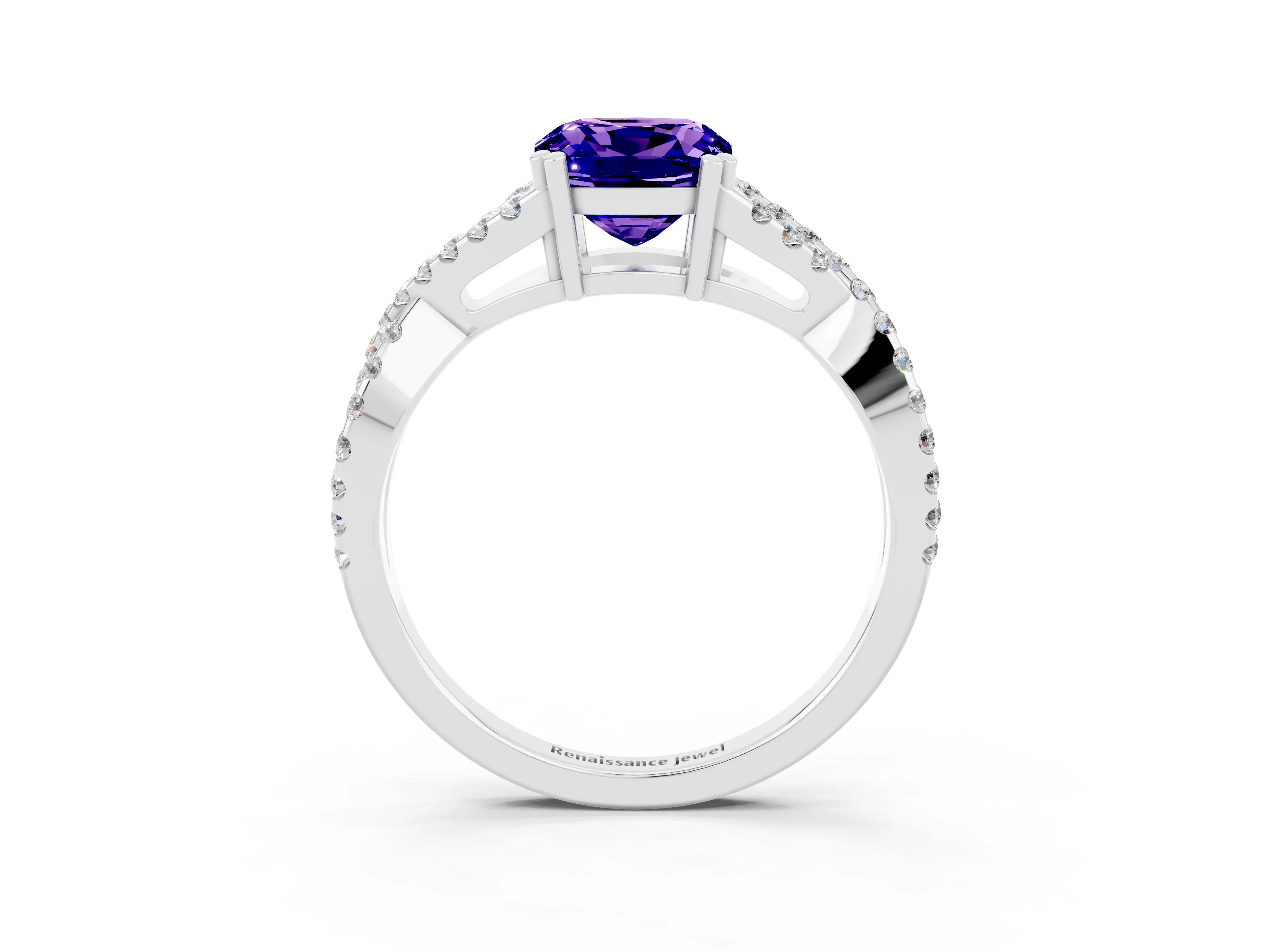 White gold Cushion Cut Tanzanite Solitaire Ring with Four-Prong Setting and Twisted Pavé Band_3