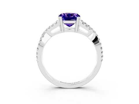 White gold Cushion Cut Tanzanite Solitaire Ring with Four-Prong Setting and Twisted Pavé Band_3