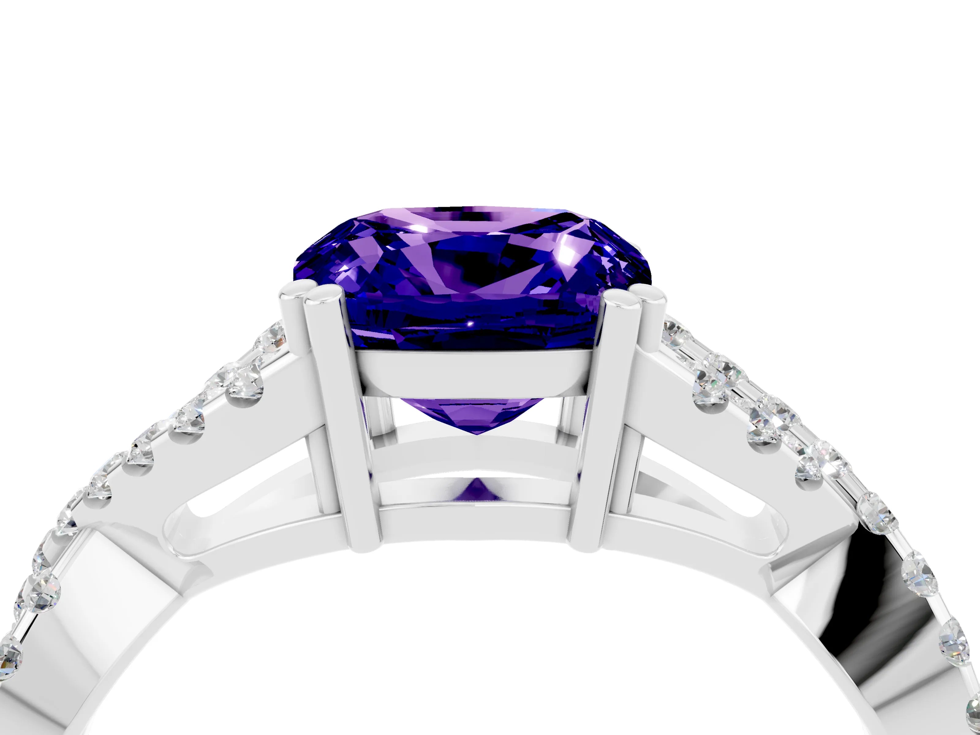 White gold Cushion Cut Tanzanite Solitaire Ring with Four-Prong Setting and Twisted Pavé Band_4