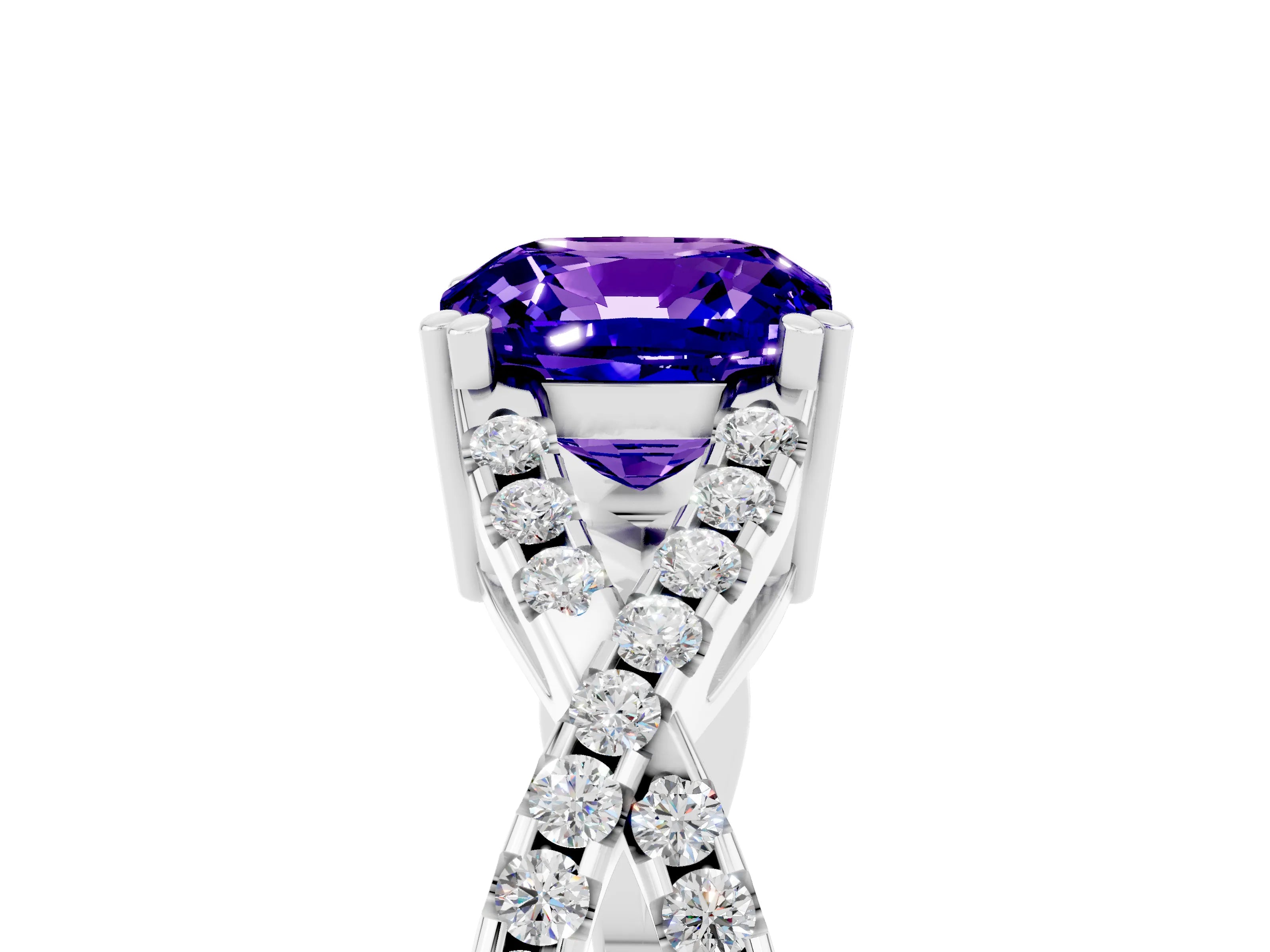 White gold Cushion Cut Tanzanite Solitaire Ring with Four-Prong Setting and Twisted Pavé Band_5