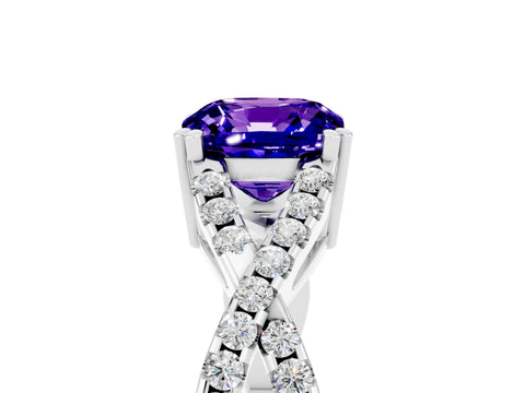 White gold Cushion Cut Tanzanite Solitaire Ring with Four-Prong Setting and Twisted Pavé Band_5