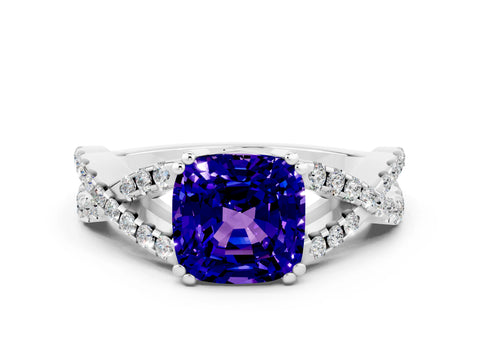 White gold Cushion Cut Tanzanite Solitaire Ring with Four-Prong Setting and Twisted Pavé Band