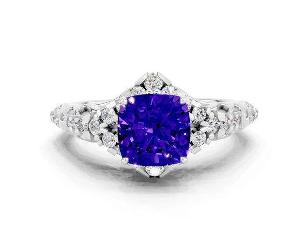 White gold Cushion Cut Tanzanite Solitaire Ring with Hidden Halo and Pavé Band