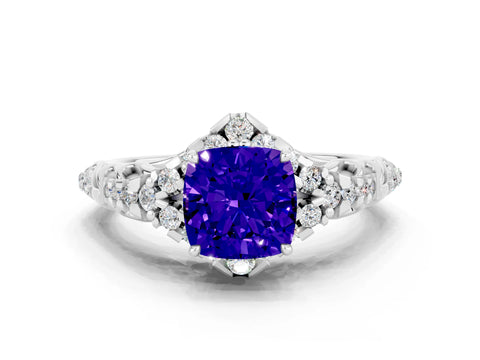 White gold Cushion Cut Tanzanite Solitaire Ring with Hidden Halo and Pavé Band_12
