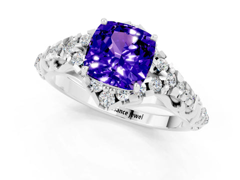 White gold Cushion Cut Tanzanite Solitaire Ring with Hidden Halo and Pavé Band_13