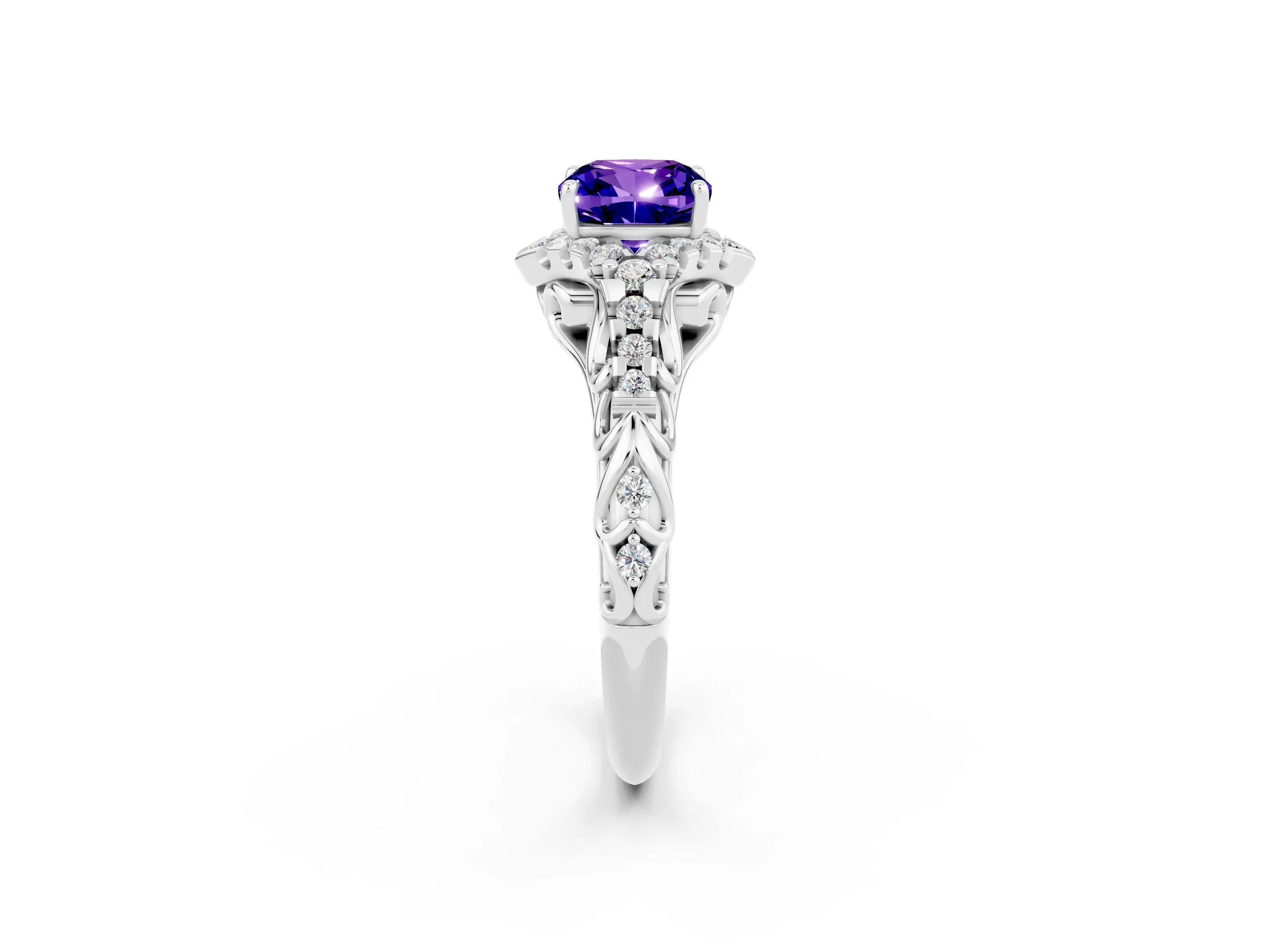 White gold Cushion Cut Tanzanite Solitaire Ring with Hidden Halo and Pavé Band_14