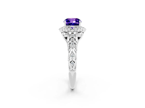 White gold Cushion Cut Tanzanite Solitaire Ring with Hidden Halo and Pavé Band