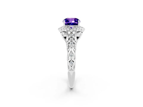 White gold Cushion Cut Tanzanite Solitaire Ring with Hidden Halo and Pavé Band_14