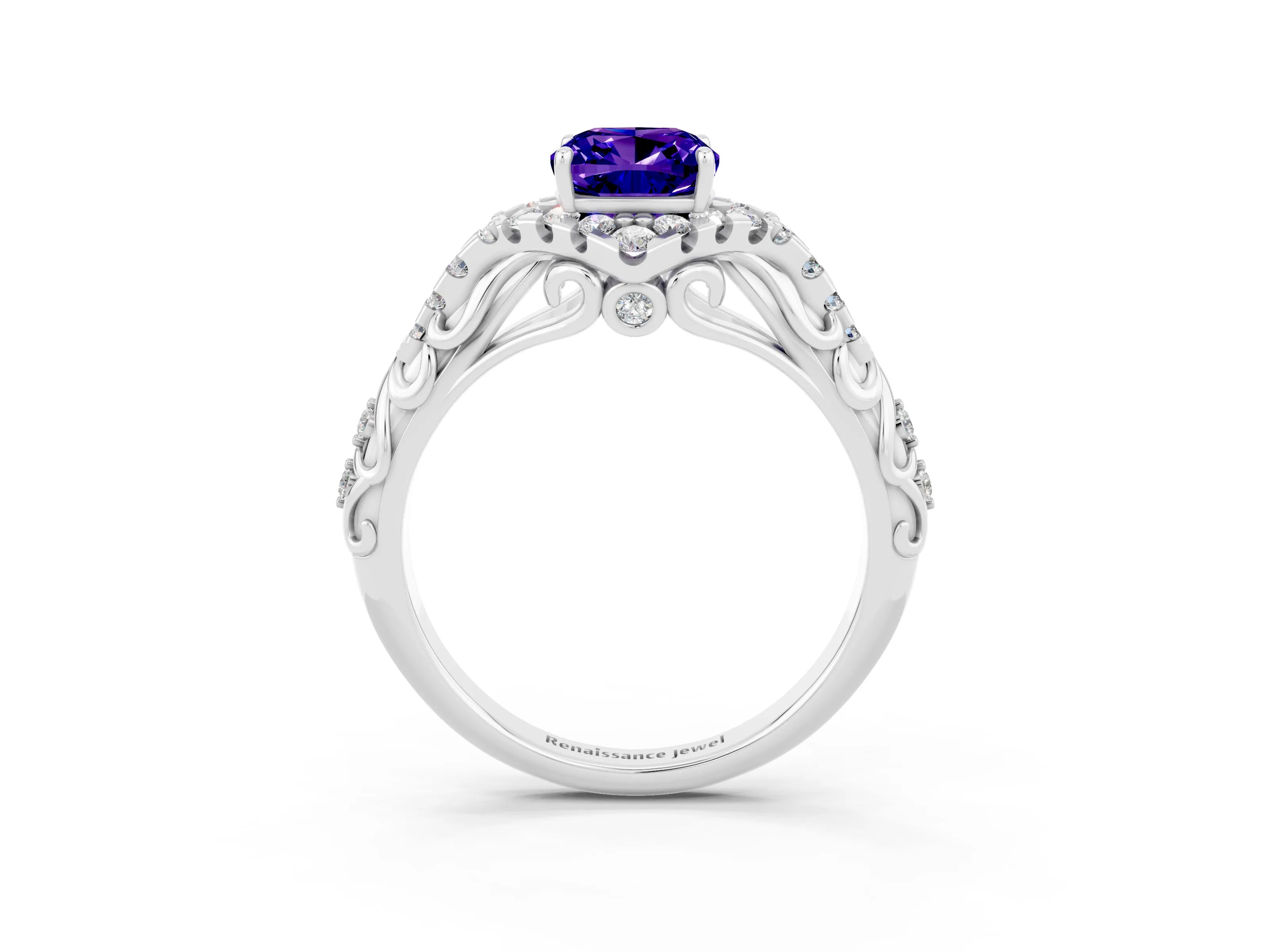White gold Cushion Cut Tanzanite Solitaire Ring with Hidden Halo and Pavé Band_15