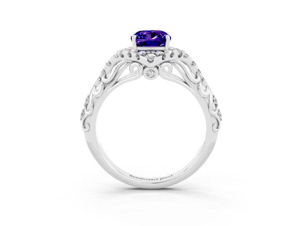 Platinum Cushion Cut Tanzanite Solitaire Ring with Hidden Halo and Pavé Band