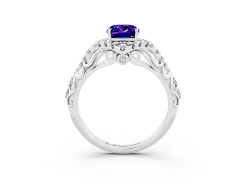 White gold Cushion Cut Tanzanite Solitaire Ring with Hidden Halo and Pavé Band_15