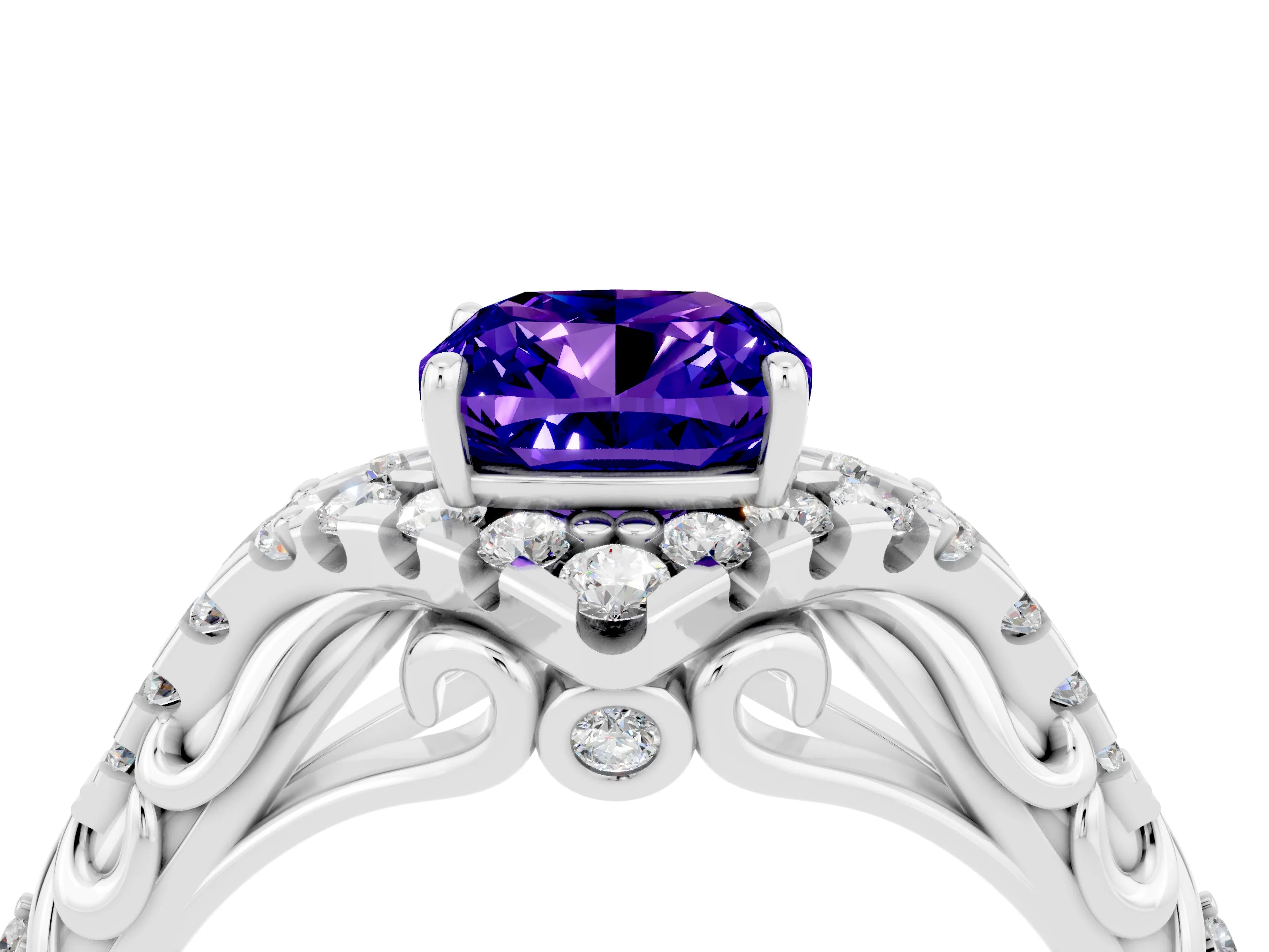 White gold Cushion Cut Tanzanite Solitaire Ring with Hidden Halo and Pavé Band_16