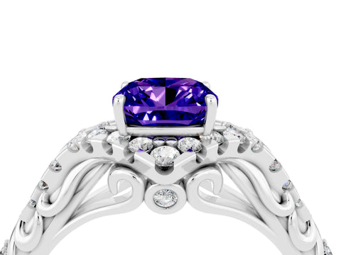 White gold Cushion Cut Tanzanite Solitaire Ring with Hidden Halo and Pavé Band_16