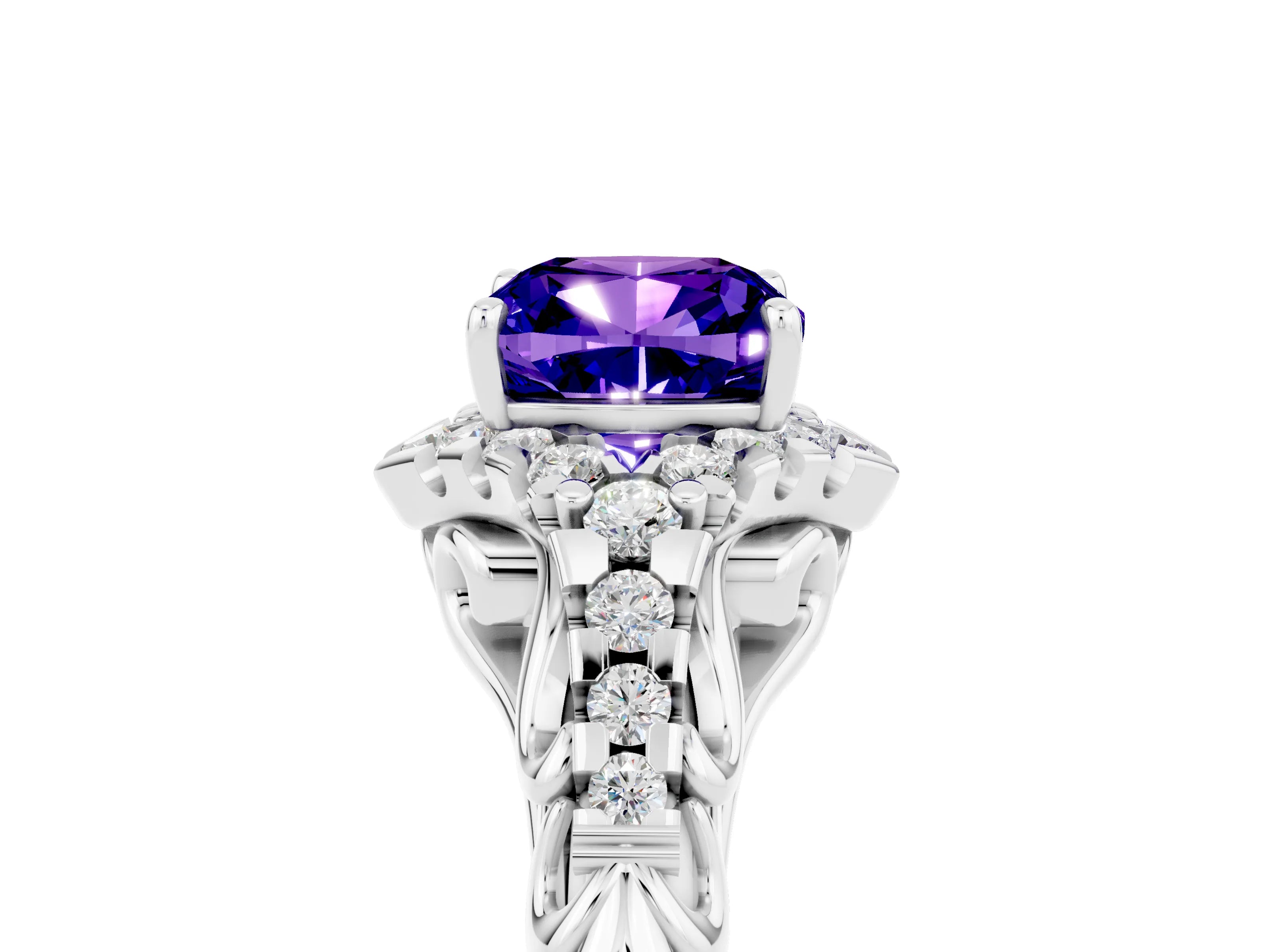 White gold Cushion Cut Tanzanite Solitaire Ring with Hidden Halo and Pavé Band_17