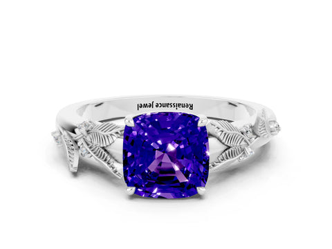 White gold Cushion Cut Tanzanite Solitaire Ring with Leaf Motif Band and Four-Prong Setting_12