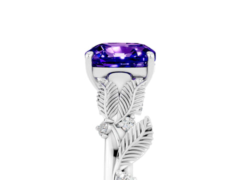 White gold Cushion Cut Tanzanite Solitaire Ring with Leaf Motif Band and Four-Prong Setting_17