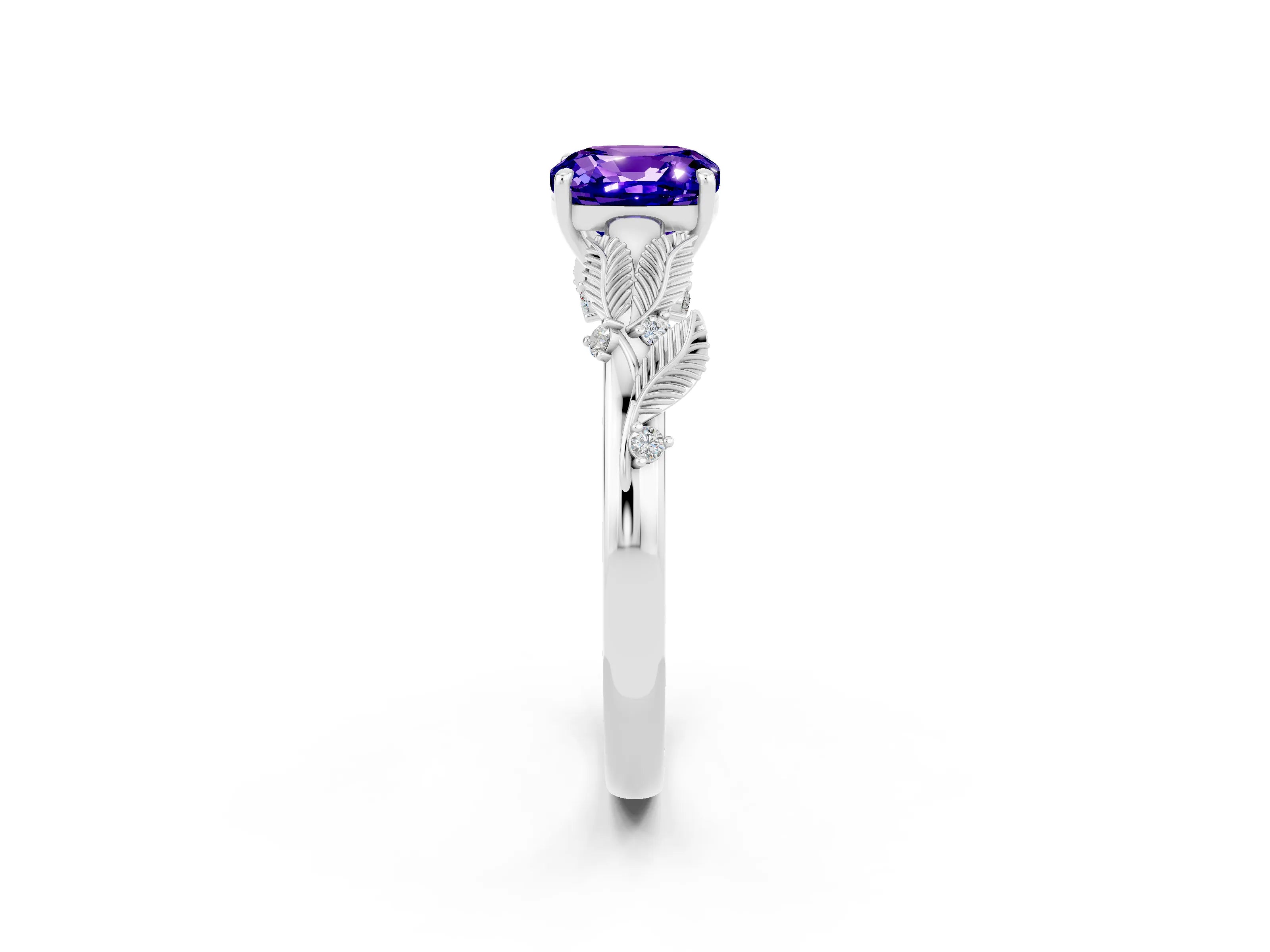 White gold Cushion Cut Tanzanite Solitaire Ring with Leaf Motif Band and Four-Prong Setting_2