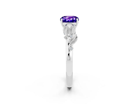 White gold Cushion Cut Tanzanite Solitaire Ring with Leaf Motif Band and Four-Prong Setting_2