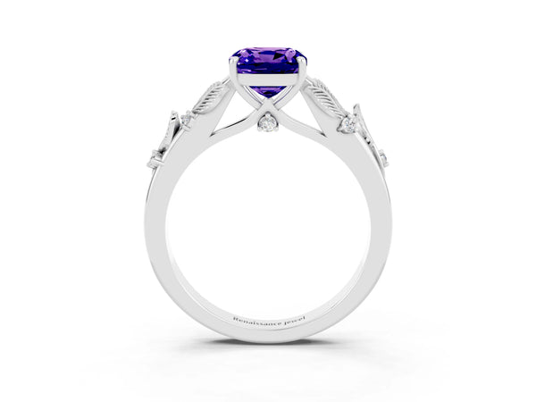 Platinum Cushion Cut Tanzanite Solitaire Ring with Leaf Motif Band and Four-Prong Setting