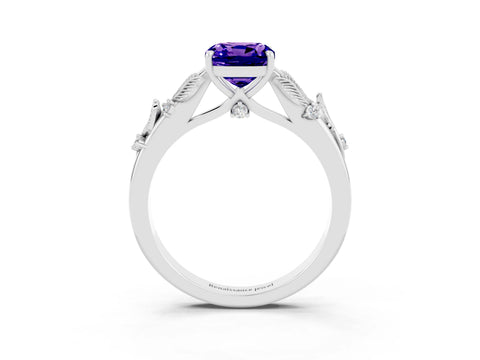 White gold Cushion Cut Tanzanite Solitaire Ring with Leaf Motif Band and Four-Prong Setting_3