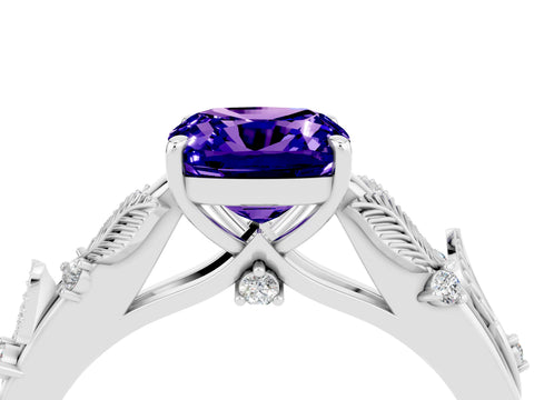 White gold Cushion Cut Tanzanite Solitaire Ring with Leaf Motif Band and Four-Prong Setting_4