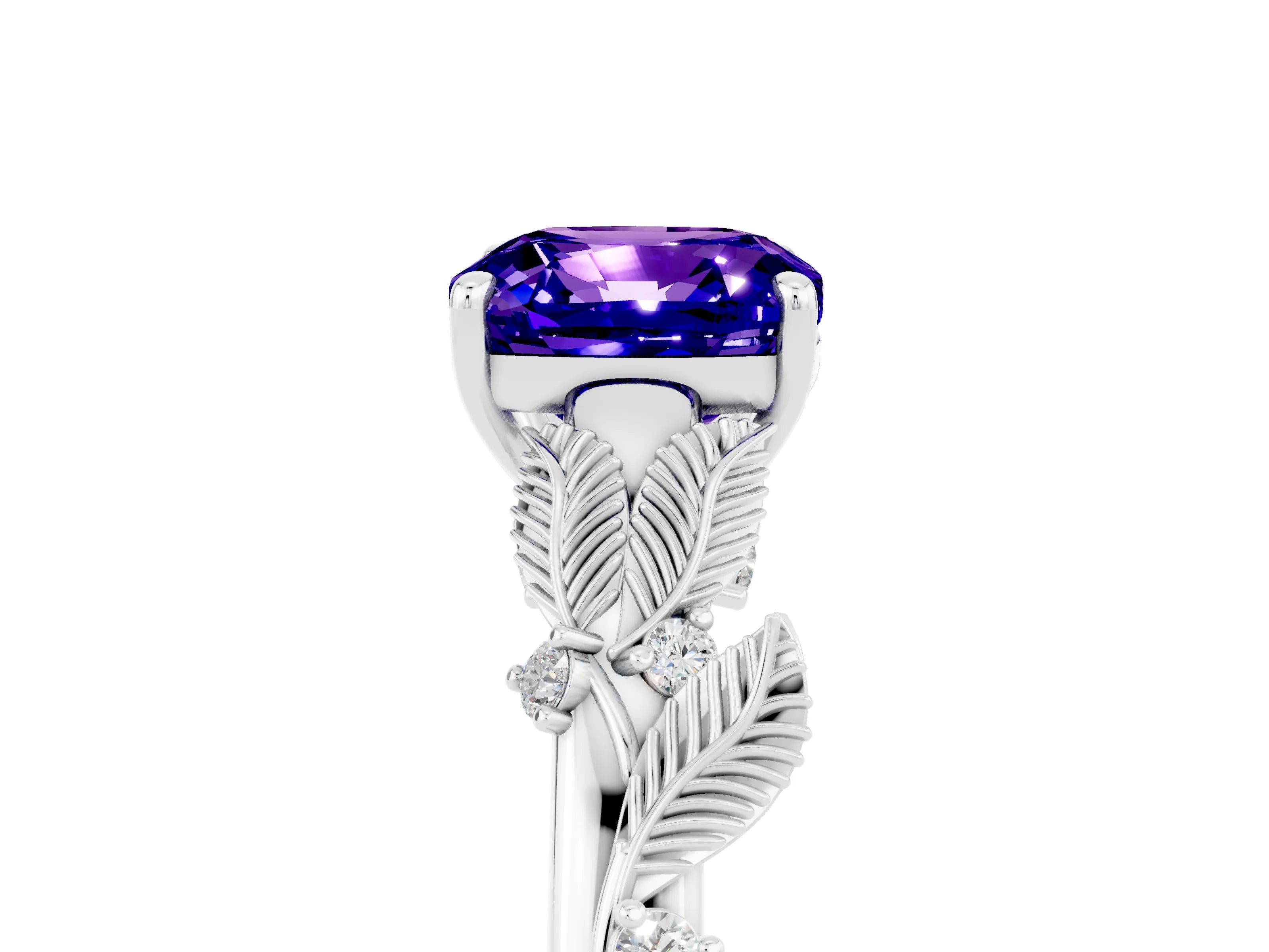 White gold Cushion Cut Tanzanite Solitaire Ring with Leaf Motif Band and Four-Prong Setting_5