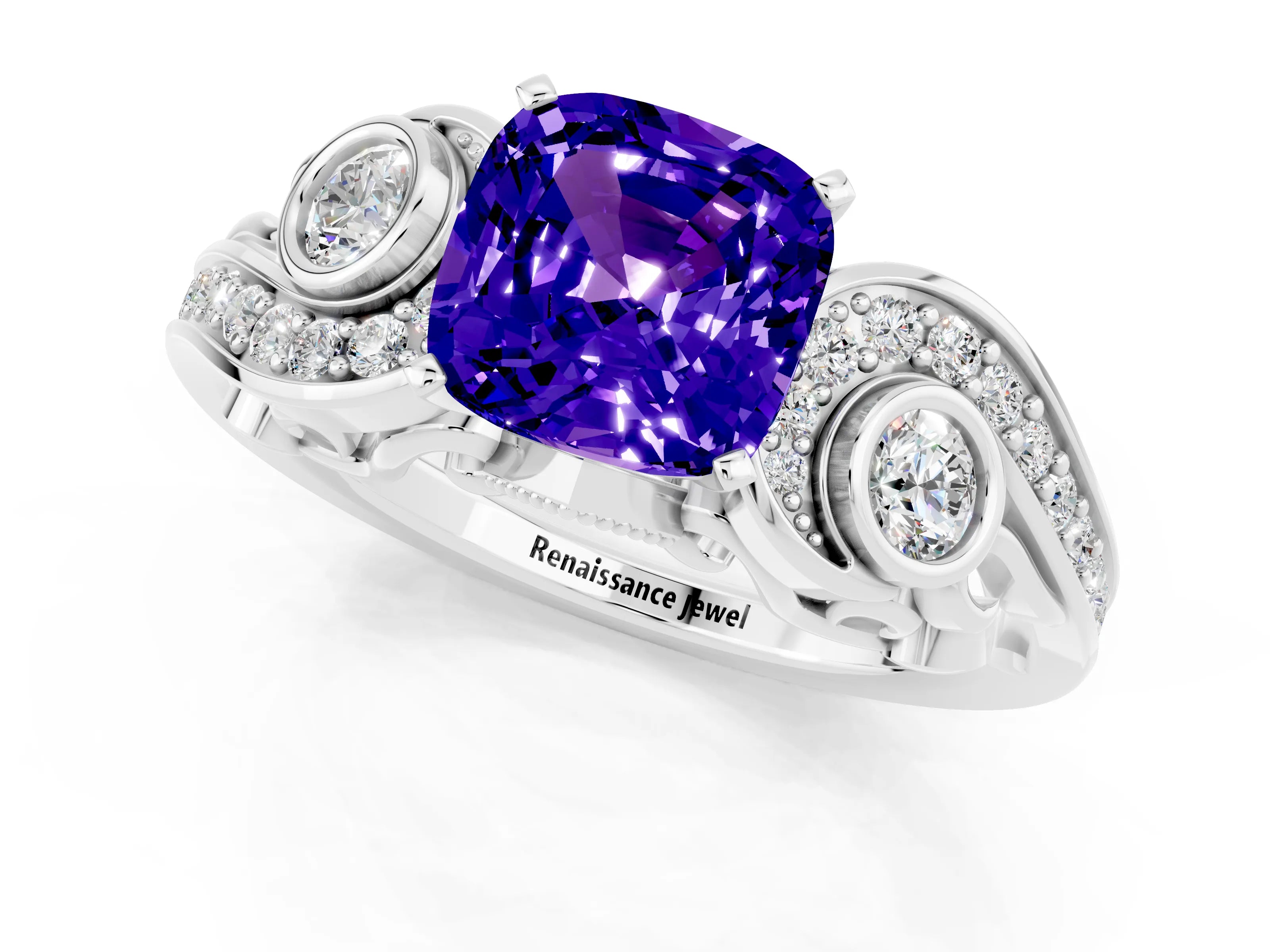 White gold Cushion Cut Tanzanite Solitaire Ring with Milgrain Pavé Band and Four-Prong Setting_13