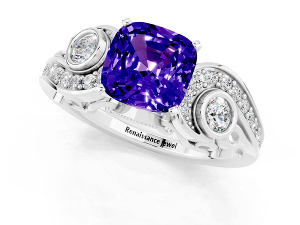 Platinum Cushion Cut Tanzanite Solitaire Ring with Milgrain Pavé Band and Four-Prong Setting