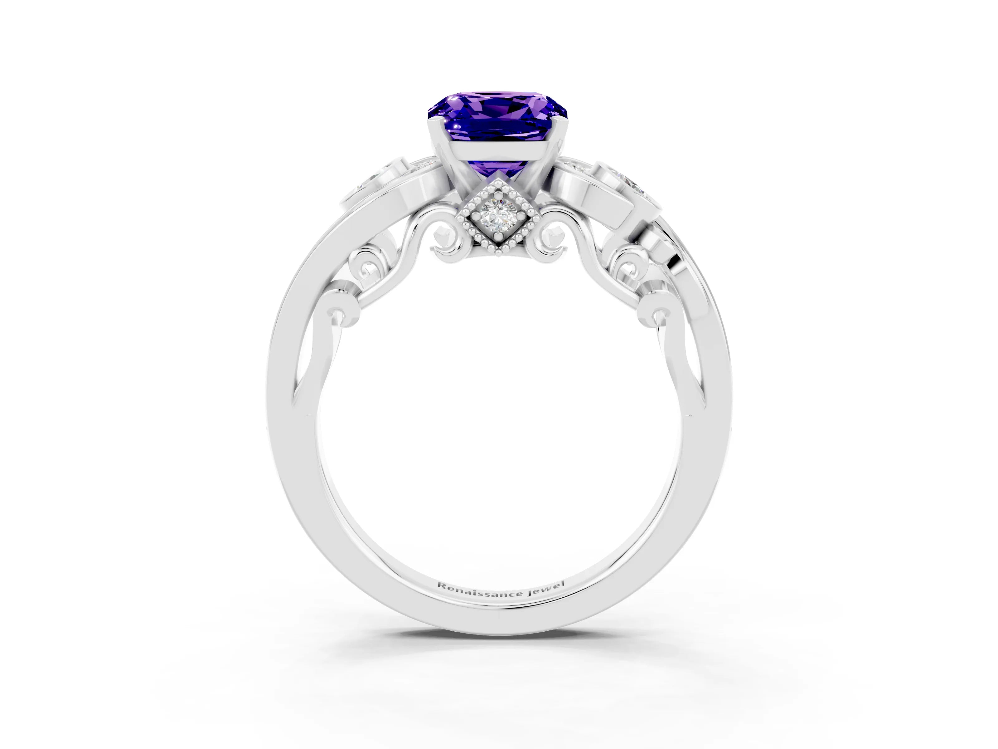White gold Cushion Cut Tanzanite Solitaire Ring with Milgrain Pavé Band and Four-Prong Setting_15