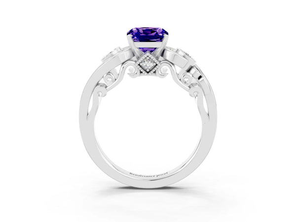 Silver Cushion Cut Tanzanite Solitaire Ring with Milgrain Pavé Band and Four-Prong Setting
