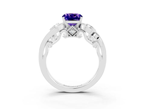 White gold Cushion Cut Tanzanite Solitaire Ring with Milgrain Pavé Band and Four-Prong Setting_15