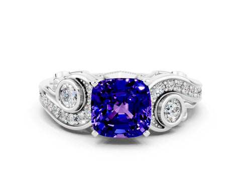 White gold Cushion Cut Tanzanite Solitaire Ring with Milgrain Pavé Band and Four-Prong Setting_48