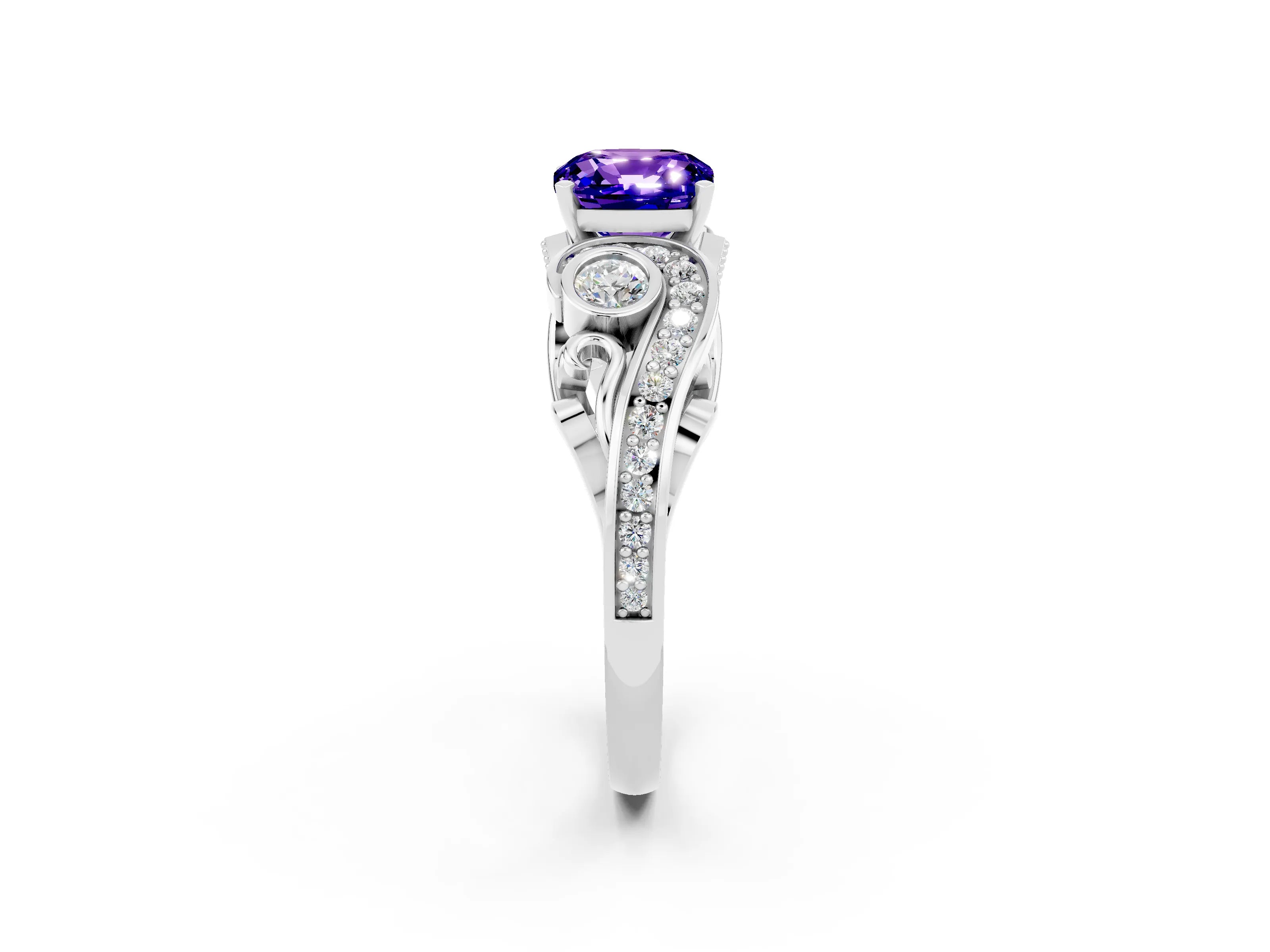 White gold Cushion Cut Tanzanite Solitaire Ring with Milgrain Pavé Band and Four-Prong Setting_50
