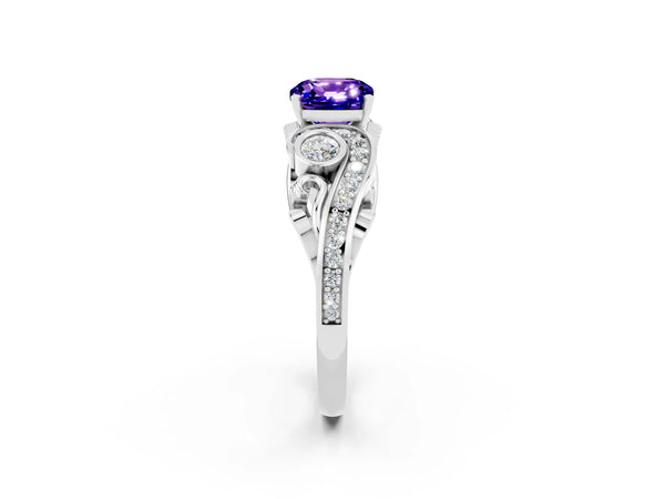 White gold Cushion Cut Tanzanite Solitaire Ring with Milgrain Pavé Band and Four-Prong Setting
