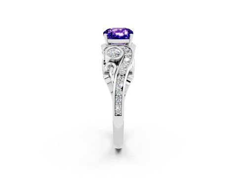 White gold Cushion Cut Tanzanite Solitaire Ring with Milgrain Pavé Band and Four-Prong Setting_50