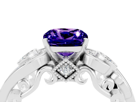 White gold Cushion Cut Tanzanite Solitaire Ring with Milgrain Pavé Band and Four-Prong Setting_52