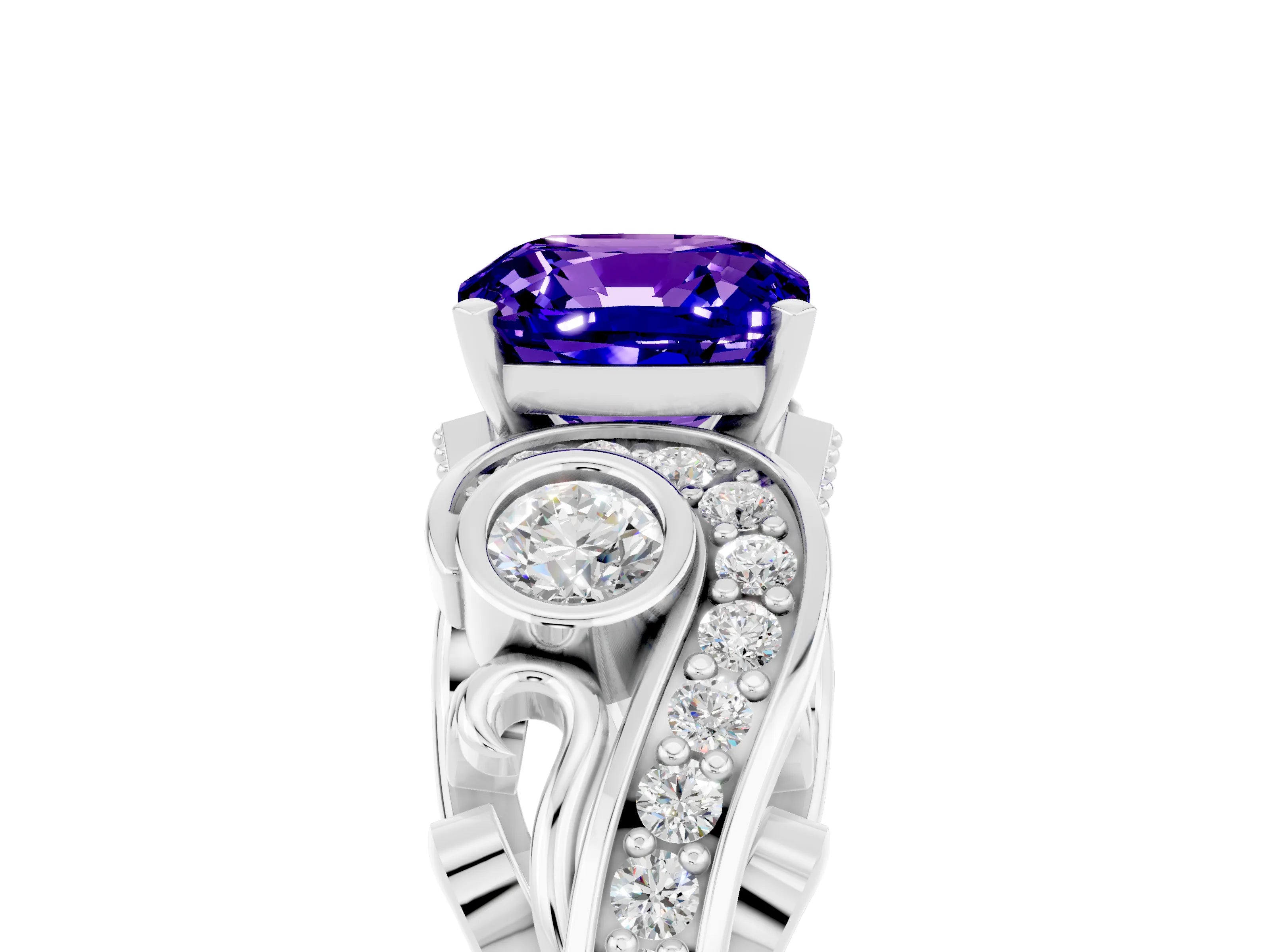 White gold Cushion Cut Tanzanite Solitaire Ring with Milgrain Pavé Band and Four-Prong Setting_53