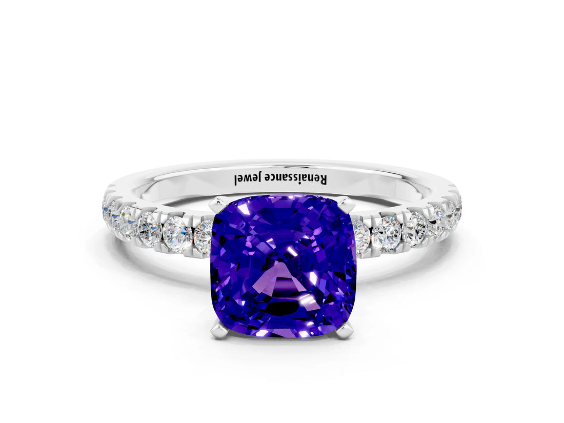 White gold Cushion Cut Tanzanite Solitaire Ring with Pavé Accents and Four-Prong Setting