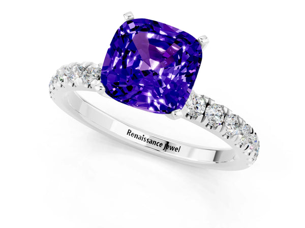 White gold Cushion Cut Tanzanite Solitaire Ring with Pavé Accents and Four-Prong Setting