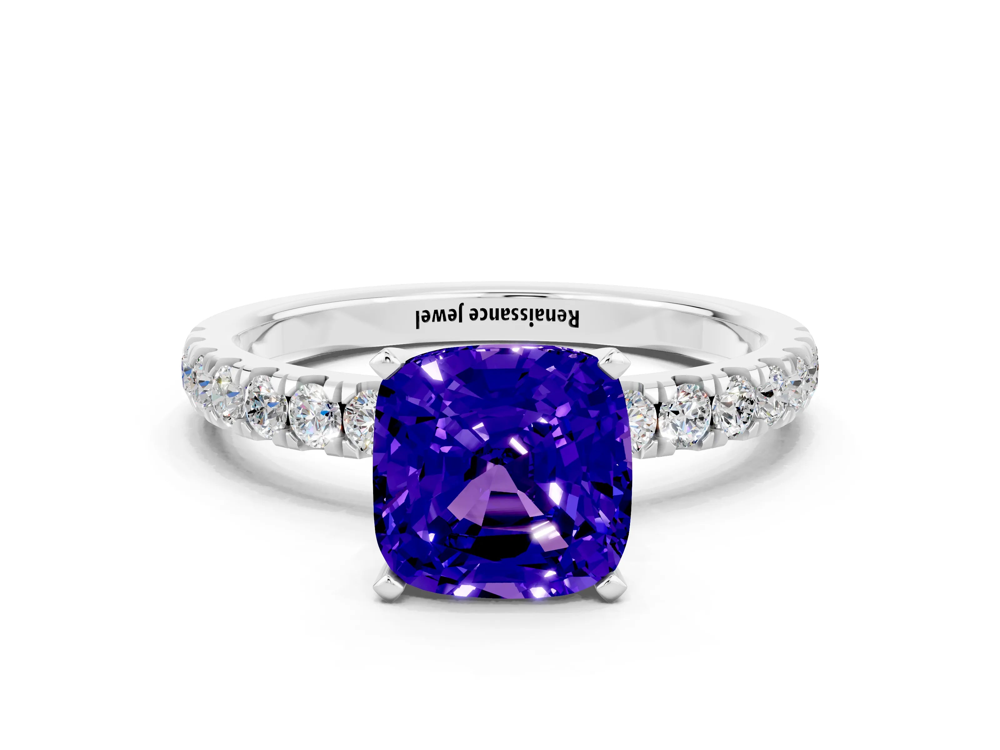 White gold Cushion Cut Tanzanite Solitaire Ring with Pavé Accents and Four-Prong Setting