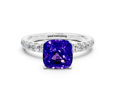 White gold Cushion Cut Tanzanite Solitaire Ring with Pavé Accents and Four-Prong Setting
