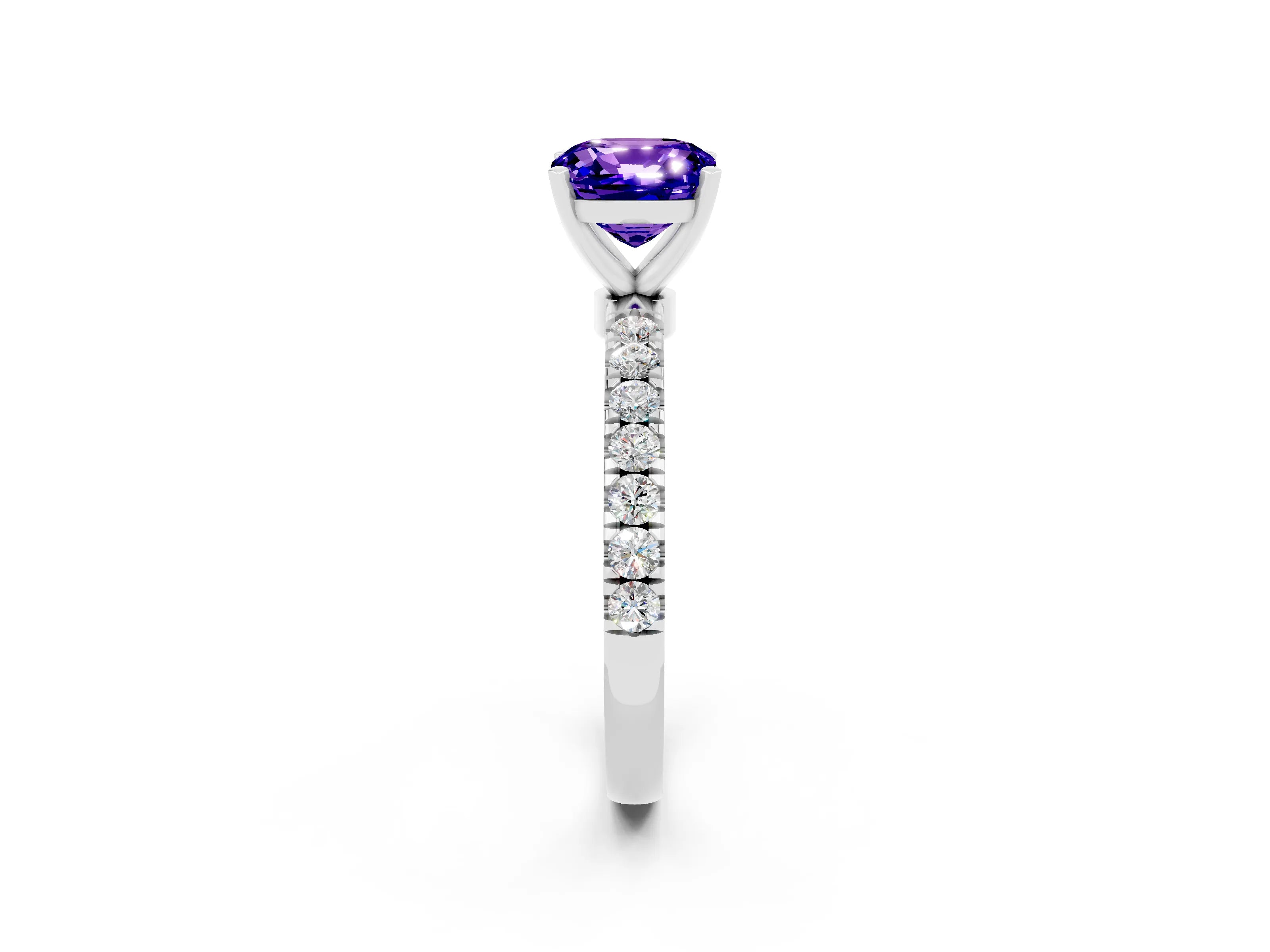 White gold Cushion Cut Tanzanite Solitaire Ring with Pavé Accents and Four-Prong Setting_2