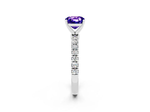 White gold Cushion Cut Tanzanite Solitaire Ring with Pavé Accents and Four-Prong Setting_2