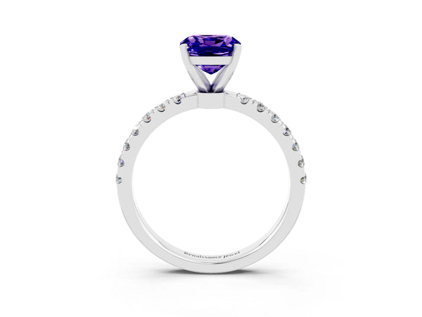 Platinum Cushion Cut Tanzanite Solitaire Ring with Pavé Accents and Four-Prong Setting