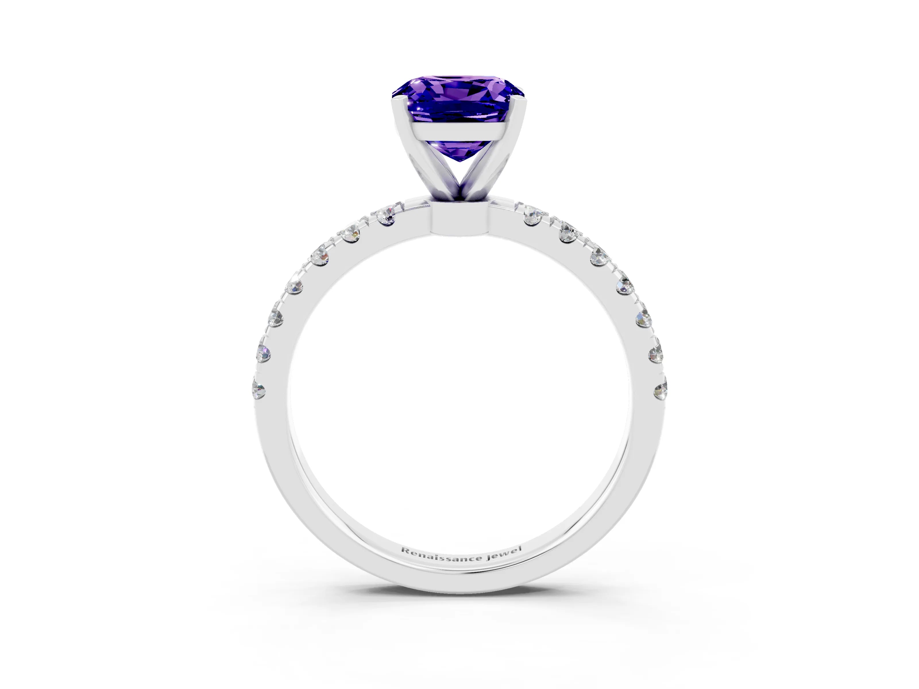 White gold Cushion Cut Tanzanite Solitaire Ring with Pavé Accents and Four-Prong Setting_3